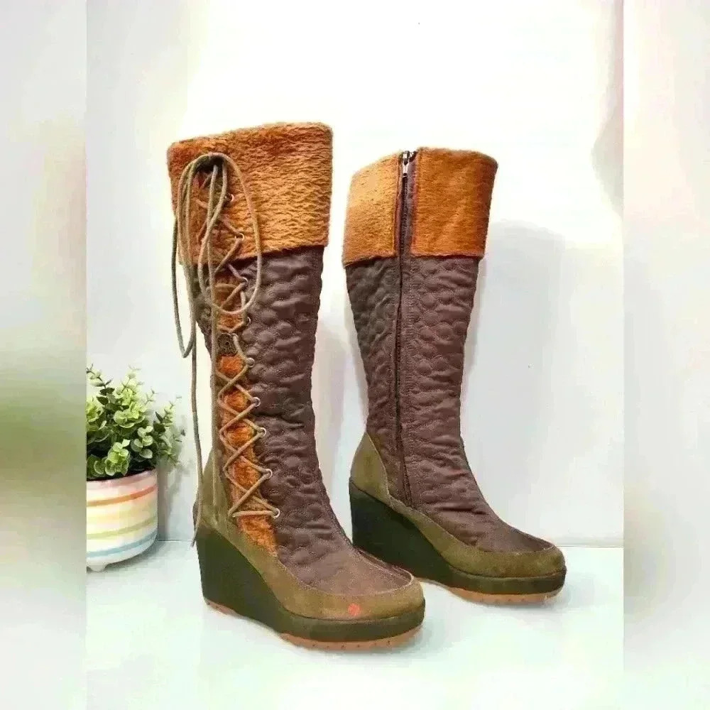 NAUGHTY MONKEY  wedge tall lace up boots green/ brown. Size 6.5